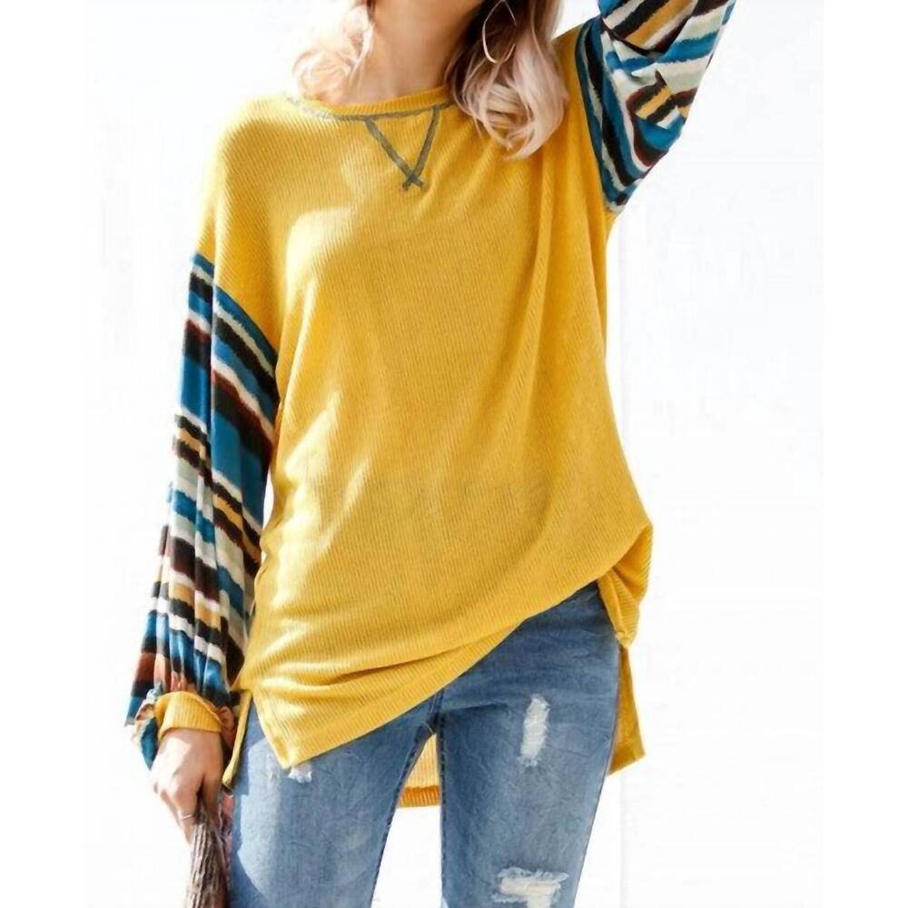 NEW MY STORY tribal striped sleeve knit top in mustard